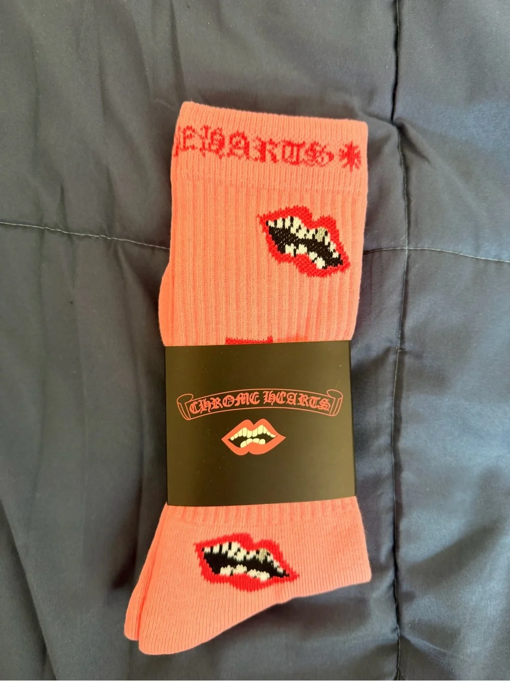Chrome Hearts Coral Pink Crew Socks with Lip Motif